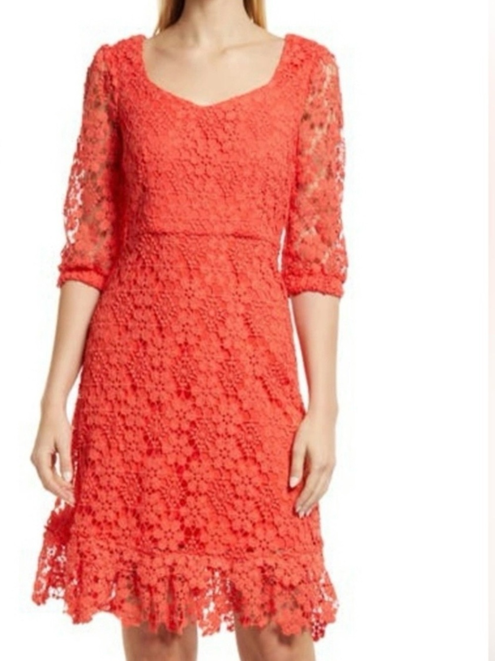 Tahari ASL Red Crochet Lace Midi Dress